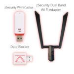 Labeled zSecurity Advanced Network Hacking Kit – Wi-Fi Cactus, USB data blocker, and RTL8812AU dual-band wireless adapter