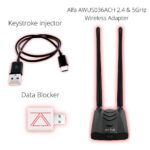 zSecurity Advanced Pentesting Kit – Alfa AWUS036ACH dual-band adapter, keystroke injector, and USB data blocker labeled