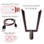 zSecurity Hacker Starter Kit labeled components – Wi-Fi Cactus, Dual Band Wi-Fi Adapter, Keystroke Injector, and USB Data Blocker