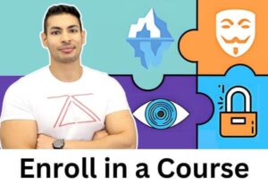 Zaid Sabih presents the Ultimate Dark Web, Anonymity, Privacy, and Security course, teaching essential techniques for staying secure and anonymous online. Zaid Sabih standing next to colorful puzzle piece graphics with icons representing the dark web, anonymity, privacy, and security, promoting zSecurity’s Ultimate Dark Web course.
