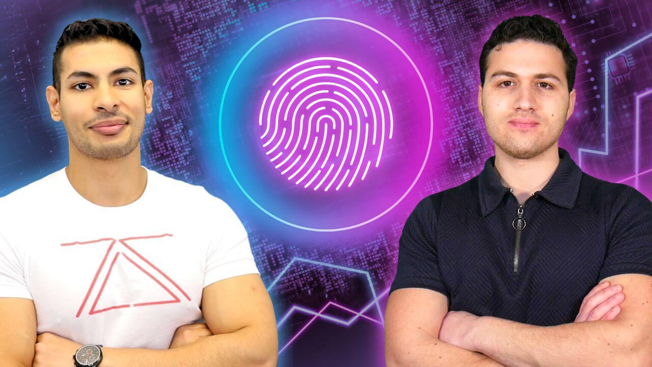 Learn OSINT from Scratch course thumbnail featuring Zaid Sabih and Saad Sarraj with a digital fingerprint icon on a neon purple tech background.