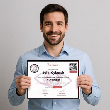 Person holding a COSINTP certificate awarded by zSecurity, smiling at the camera, wearing a light blue shirt.