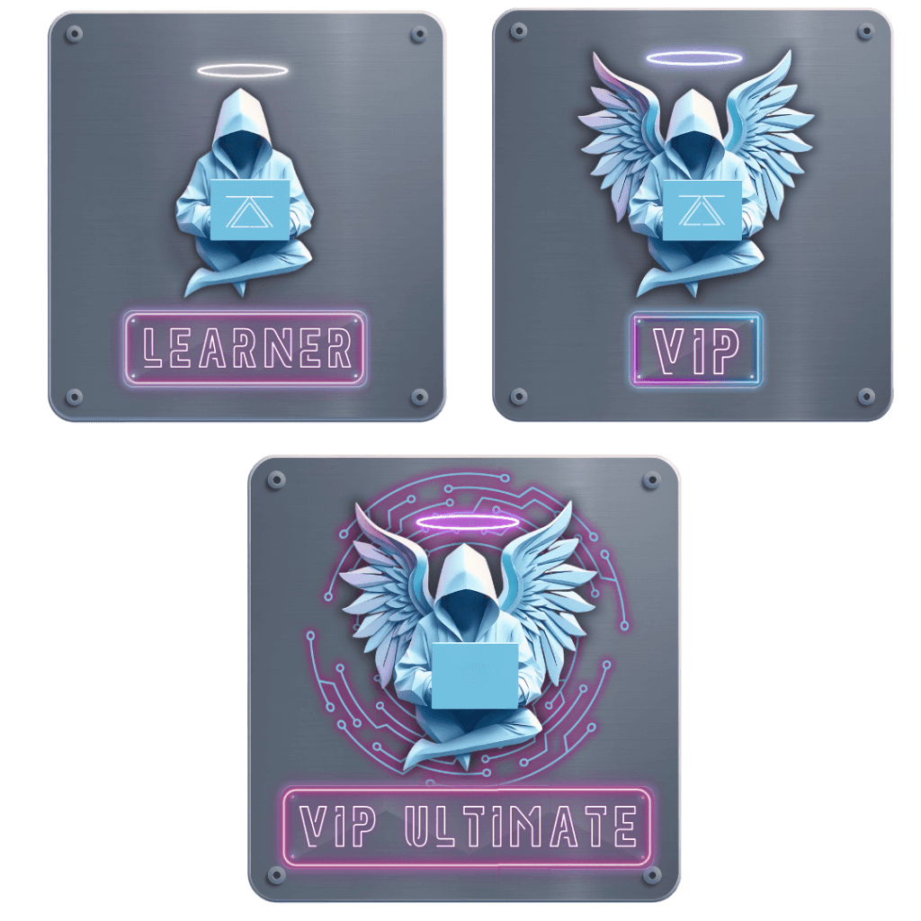 Three zSecurity membership level badges — Learner, VIP, and VIP Ultimate — each with a hooded figure holding a laptop, neon labels, and varying details like wings and circuitry background.