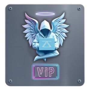 Stylized graphic of a hooded figure with wings and a glowing halo, holding a zSecurity laptop, with neon text reading “VIP” below the figure on a metallic background.