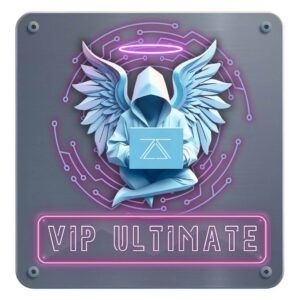 Stylized graphic of a hooded figure with wings and a halo, holding a zSecurity logo, surrounded by neon circuitry with the text “VIP Ultimate” in glowing letters.